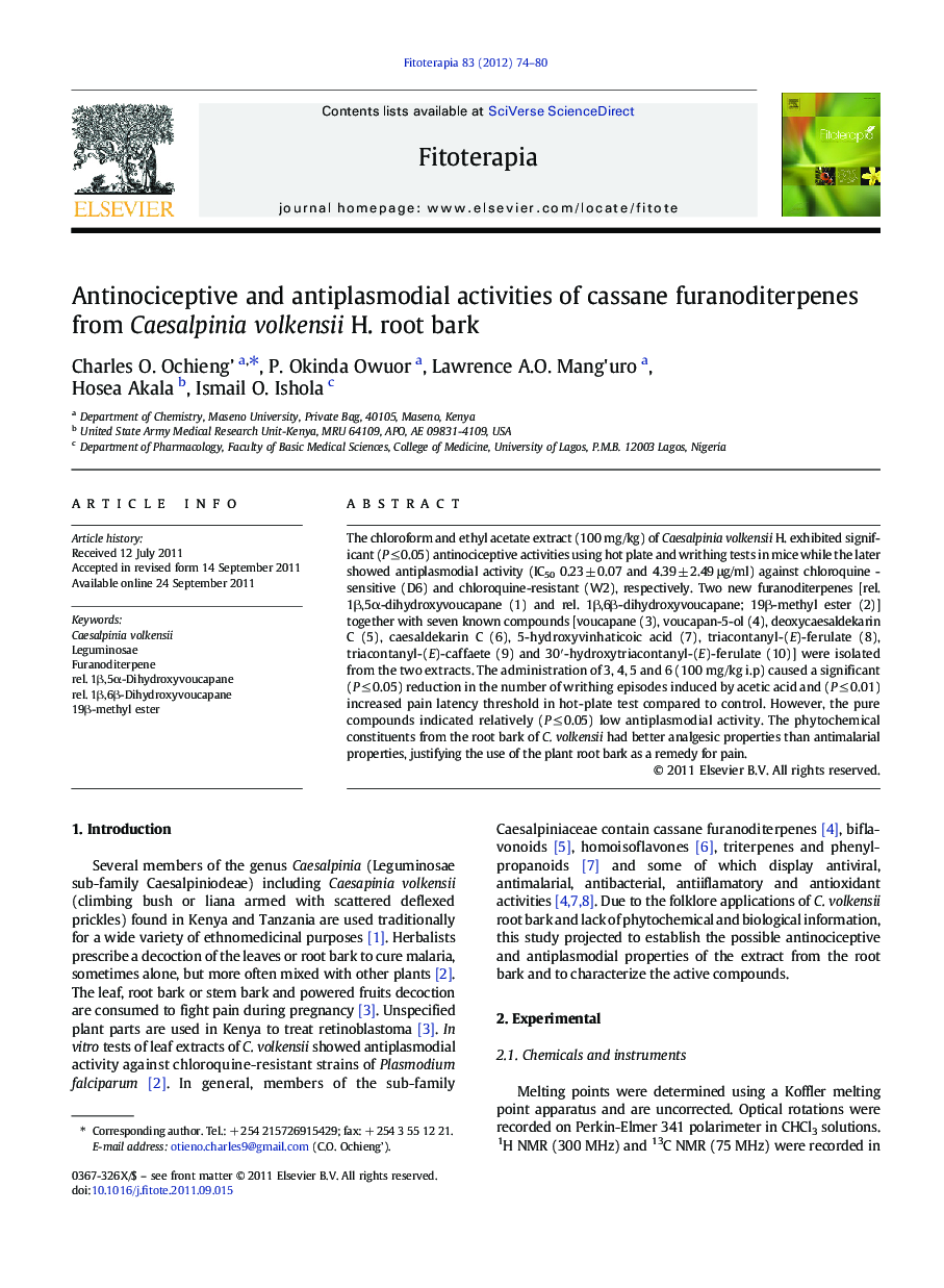 Antinociceptive and antiplasmodial activities of cassane furanoditerpenes from Caesalpinia volkensii H. root bark