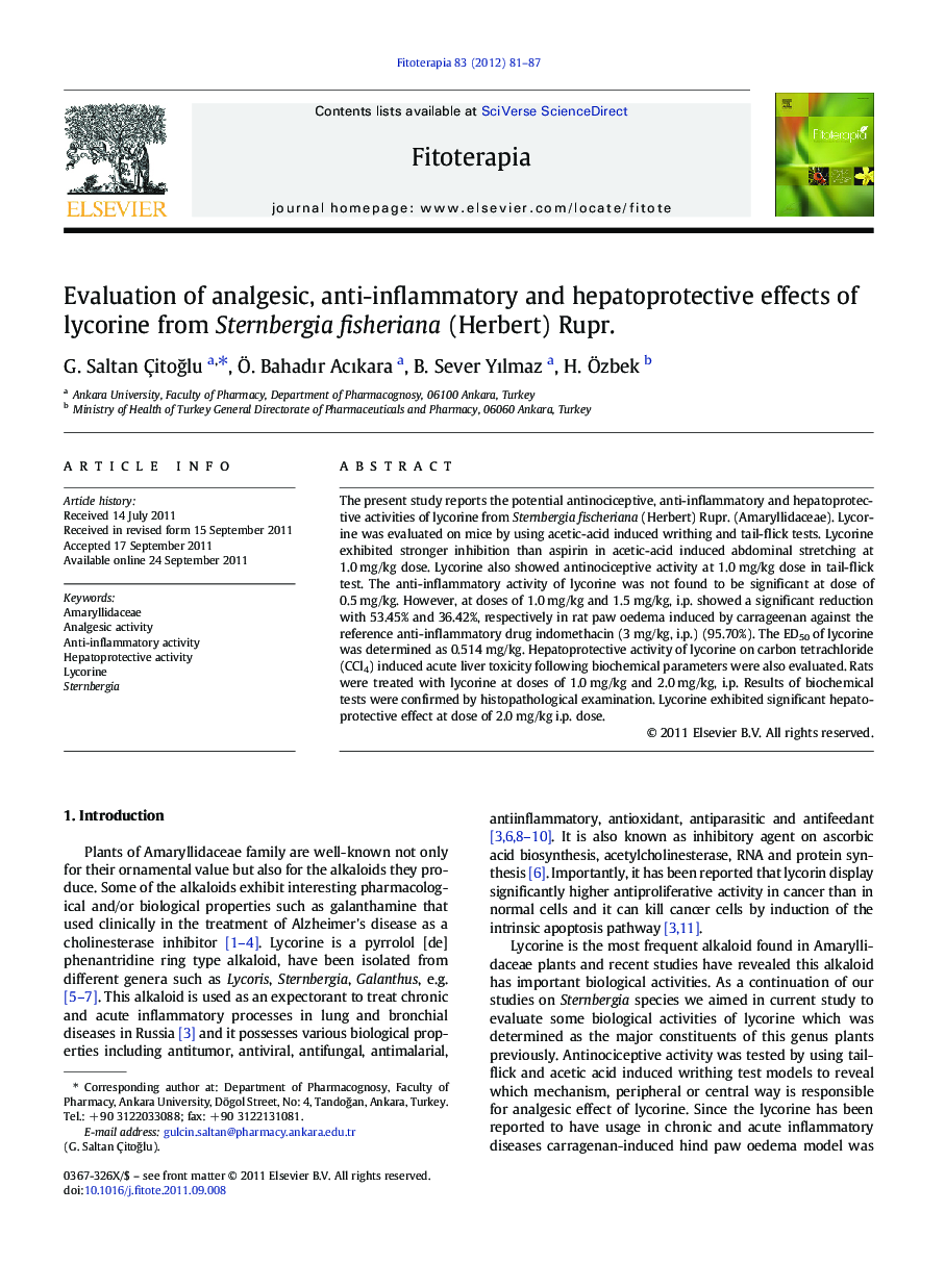 عکس صفحه اول مقاله: Evaluation of analgesic, anti-inflammatory and hepatoprotective effects of lycorine from Sternbergia fisheriana (Herbert) Rupr. Evaluation of analgesic, anti-inflammatory and hepatoprotective effects of lycorine from Sternbergia fisheriana (Herbert) Rupr.