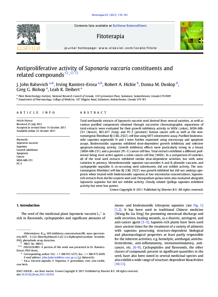 Antiproliferative activity of Saponaria vaccaria constituents and related compounds 