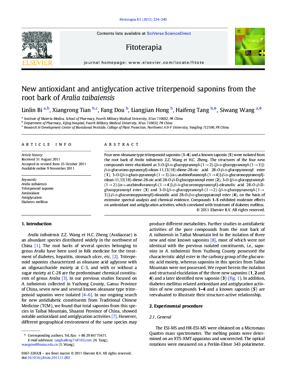 New antioxidant and antiglycation active triterpenoid saponins from the root bark of Aralia taibaiensis