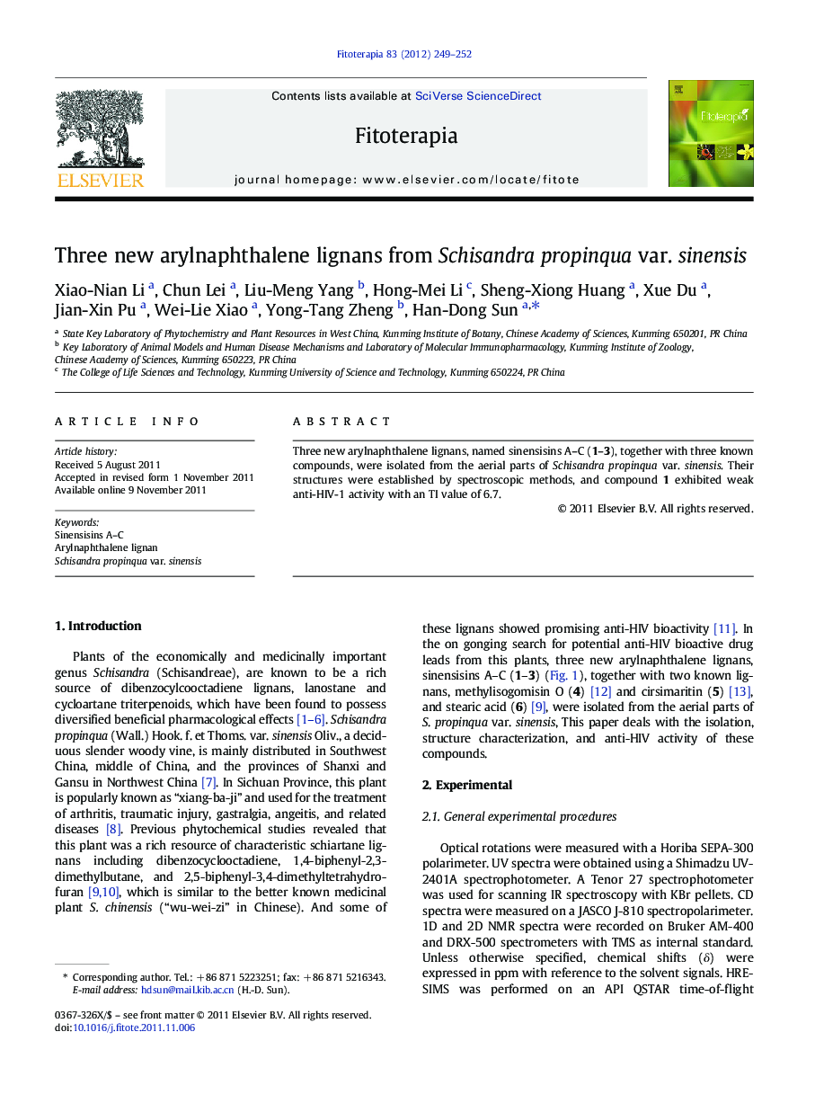 Three new arylnaphthalene lignans from Schisandra propinqua var. sinensis