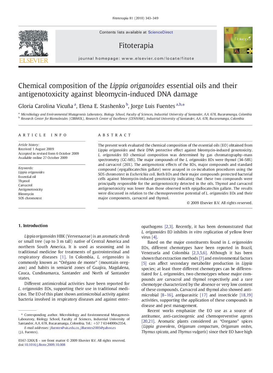 Chemical composition of the Lippia origanoides essential oils and their antigenotoxicity against bleomycin-induced DNA damage