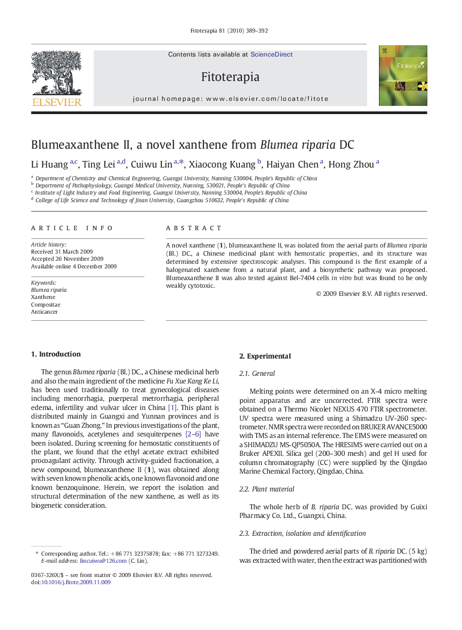 Blumeaxanthene II, a novel xanthene from Blumea riparia DC