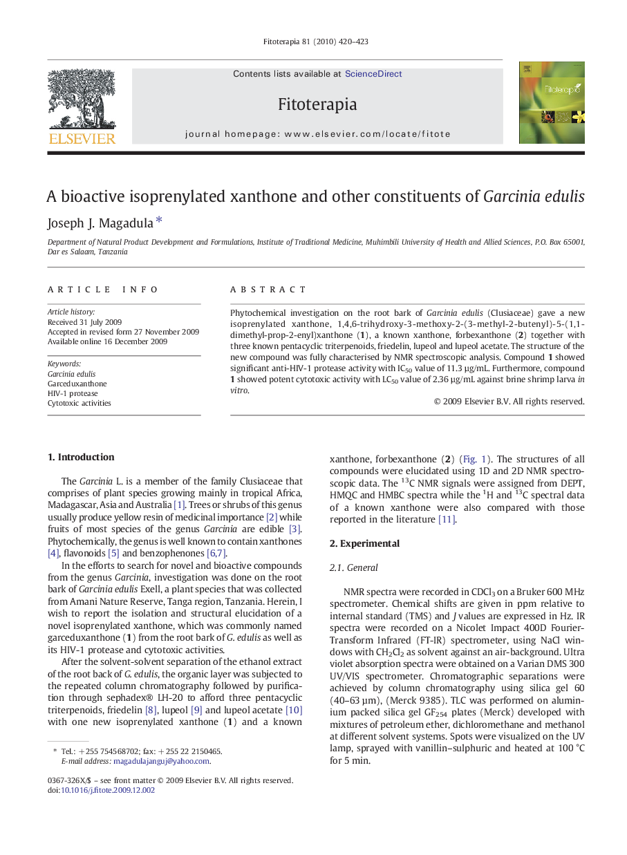 A bioactive isoprenylated xanthone and other constituents of Garciniaedulis