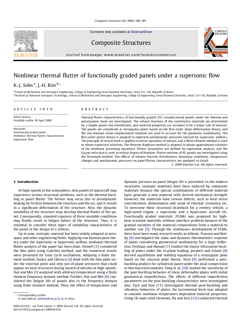 عکس صفحه اول مقاله: Nonlinear thermal flutter of functionally graded panels under a supersonic flow Nonlinear thermal flutter of functionally graded panels under a supersonic flow