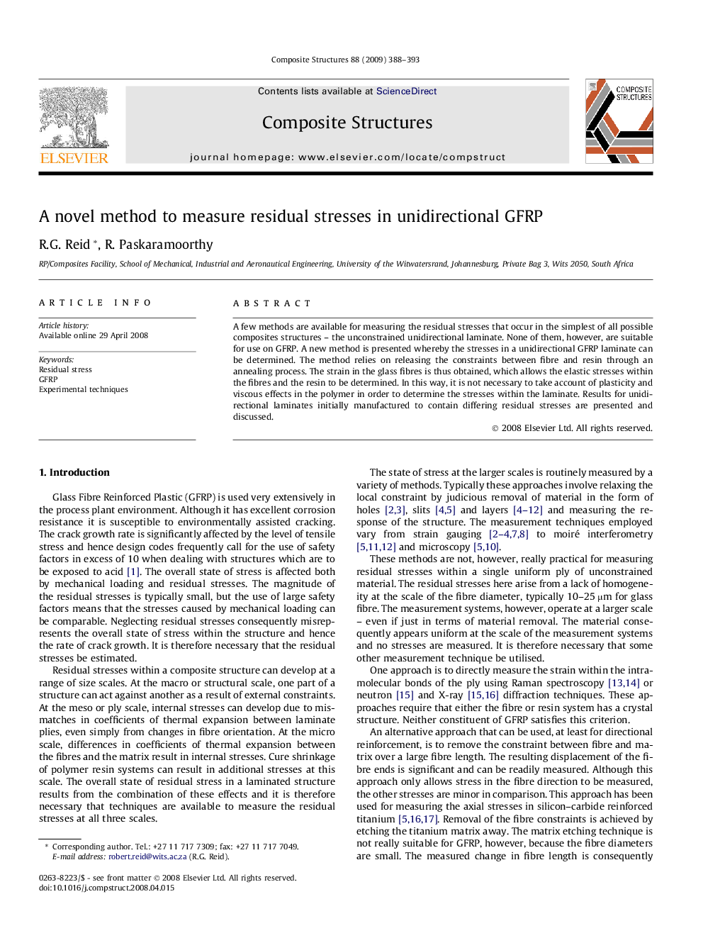 عکس صفحه اول مقاله: A novel method to measure residual stresses in unidirectional GFRP A novel method to measure residual stresses in unidirectional GFRP