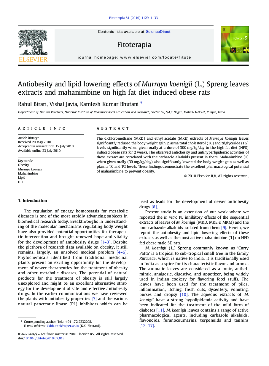 Antiobesity and lipid lowering effects of Murraya koenigii (L.) Spreng leaves extracts and mahanimbine on high fat diet induced obese rats