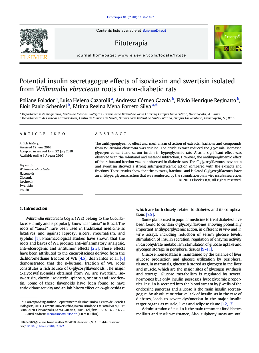 Potential insulin secretagogue effects of isovitexin and swertisin isolated from Wilbrandia ebracteata roots in non-diabetic rats