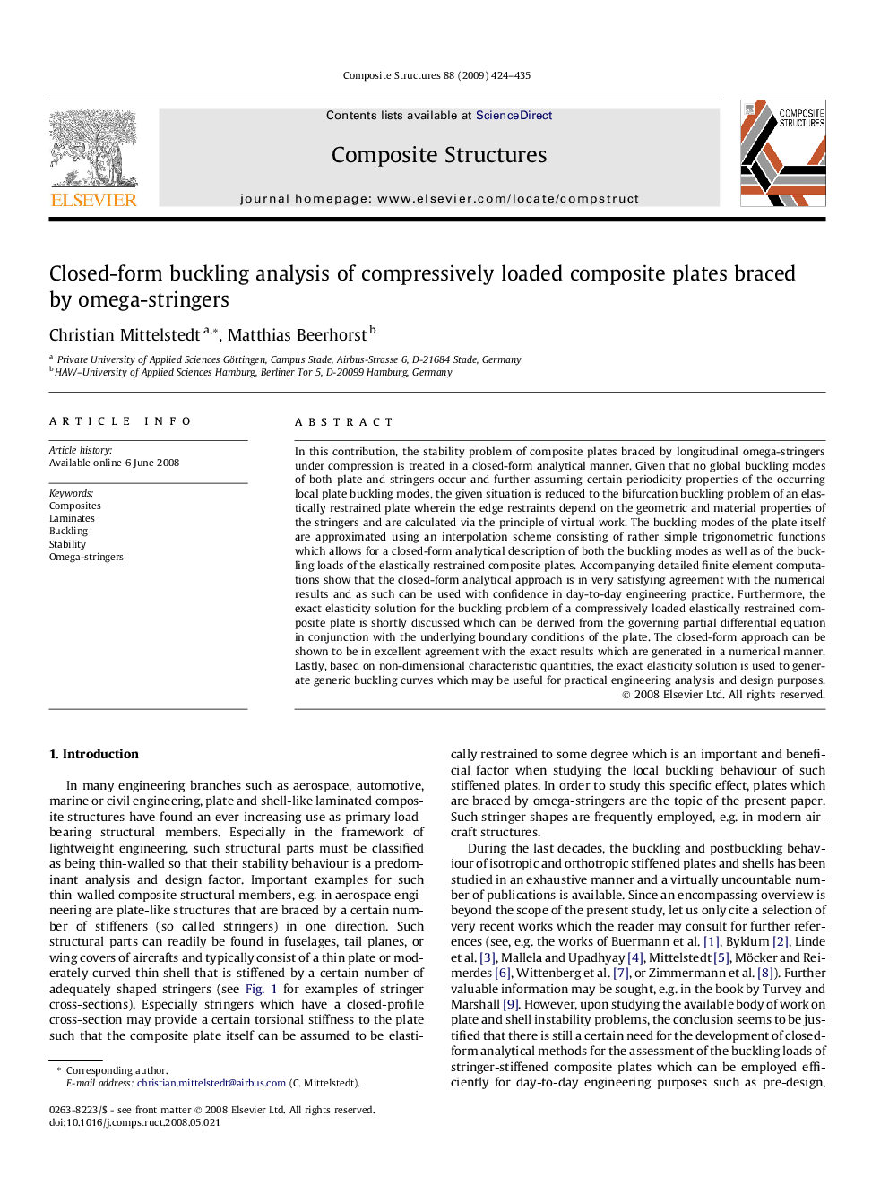 عکس صفحه اول مقاله: Closed-form buckling analysis of compressively loaded composite plates braced by omega-stringers Closed-form buckling analysis of compressively loaded composite plates braced by omega-stringers