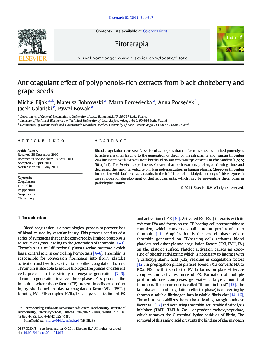 Anticoagulant effect of polyphenols-rich extracts from black chokeberry and grape seeds