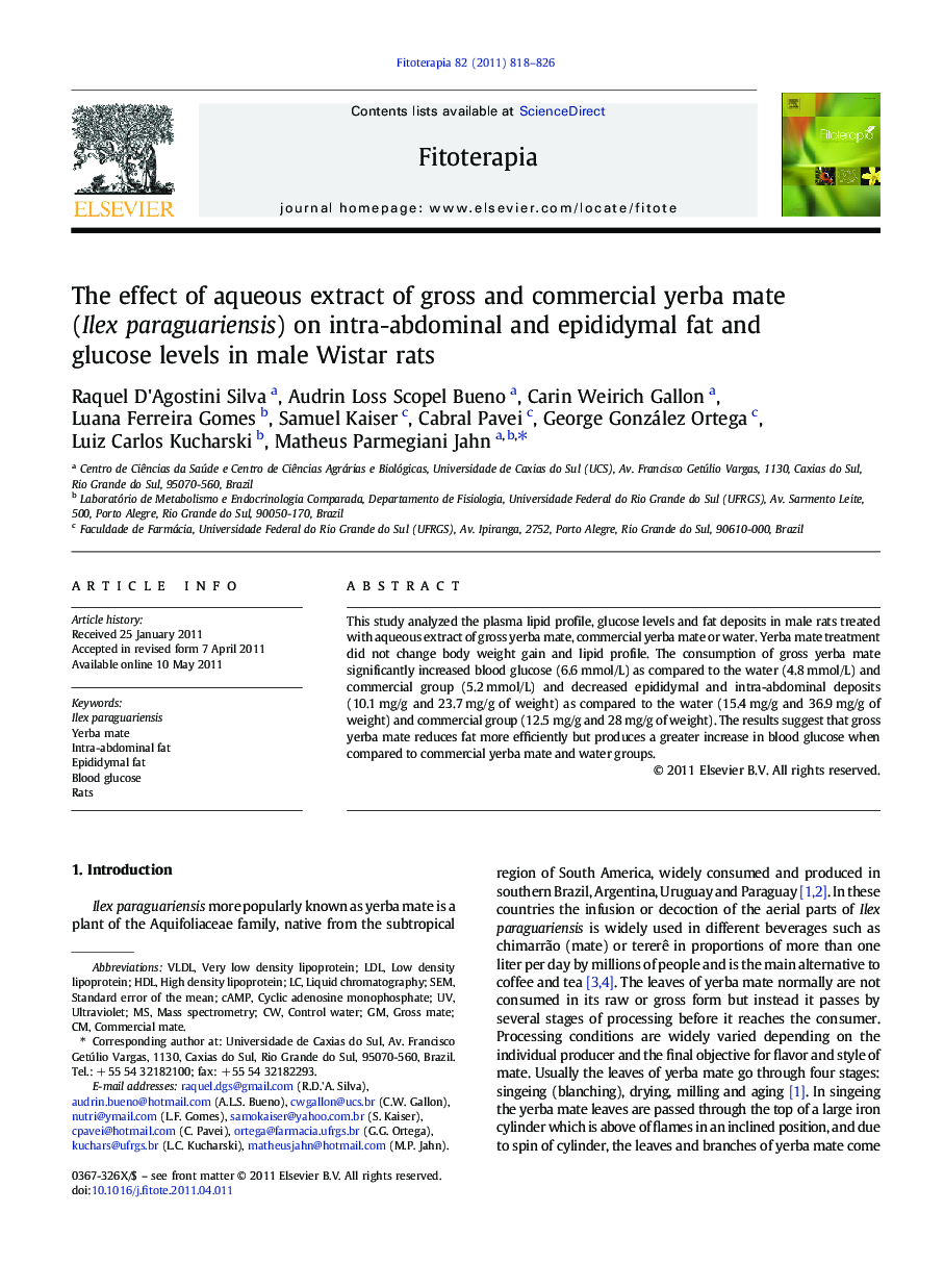 The effect of aqueous extract of gross and commercial yerba mate (Ilex paraguariensis) on intra-abdominal and epididymal fat and glucose levels in male Wistar rats