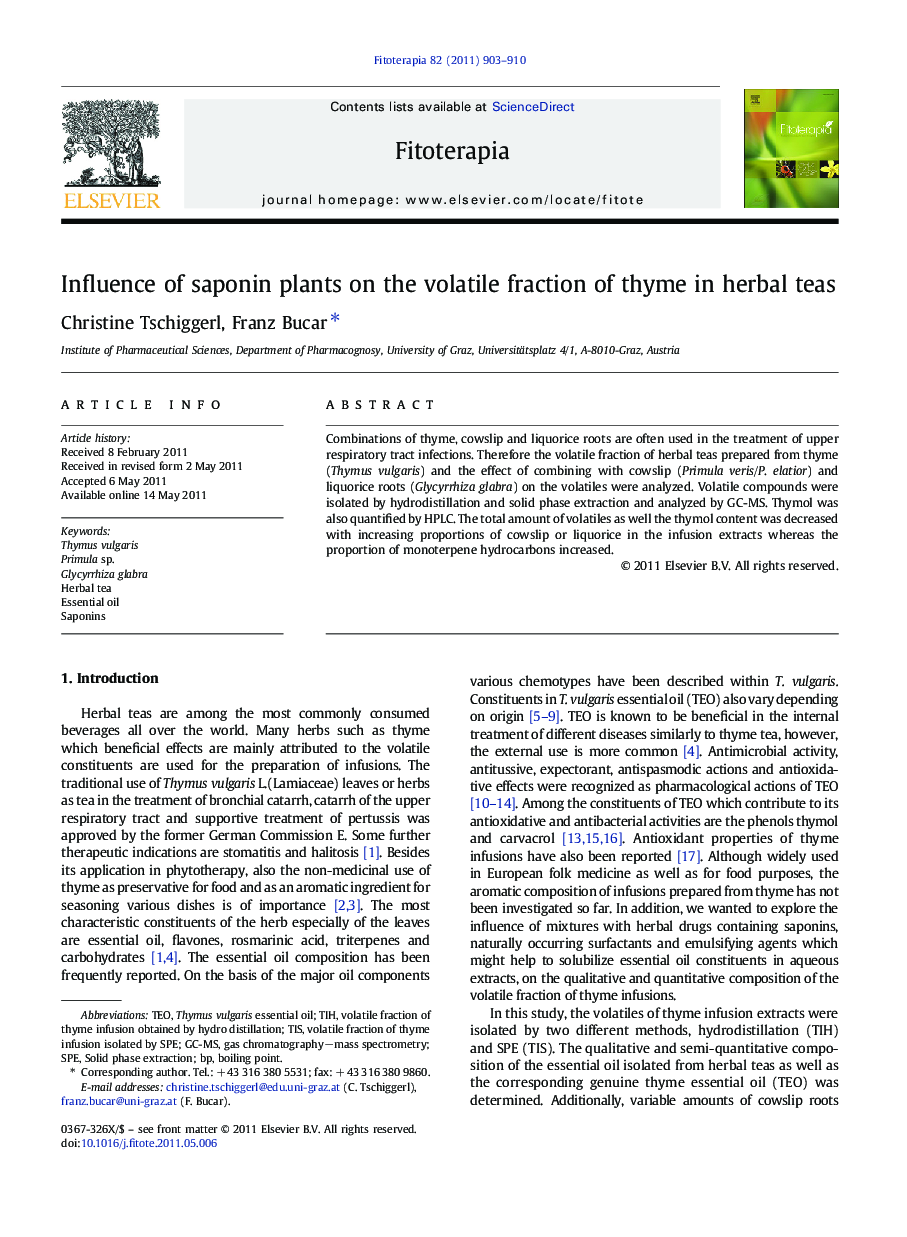 Influence of saponin plants on the volatile fraction of thyme in herbal teas