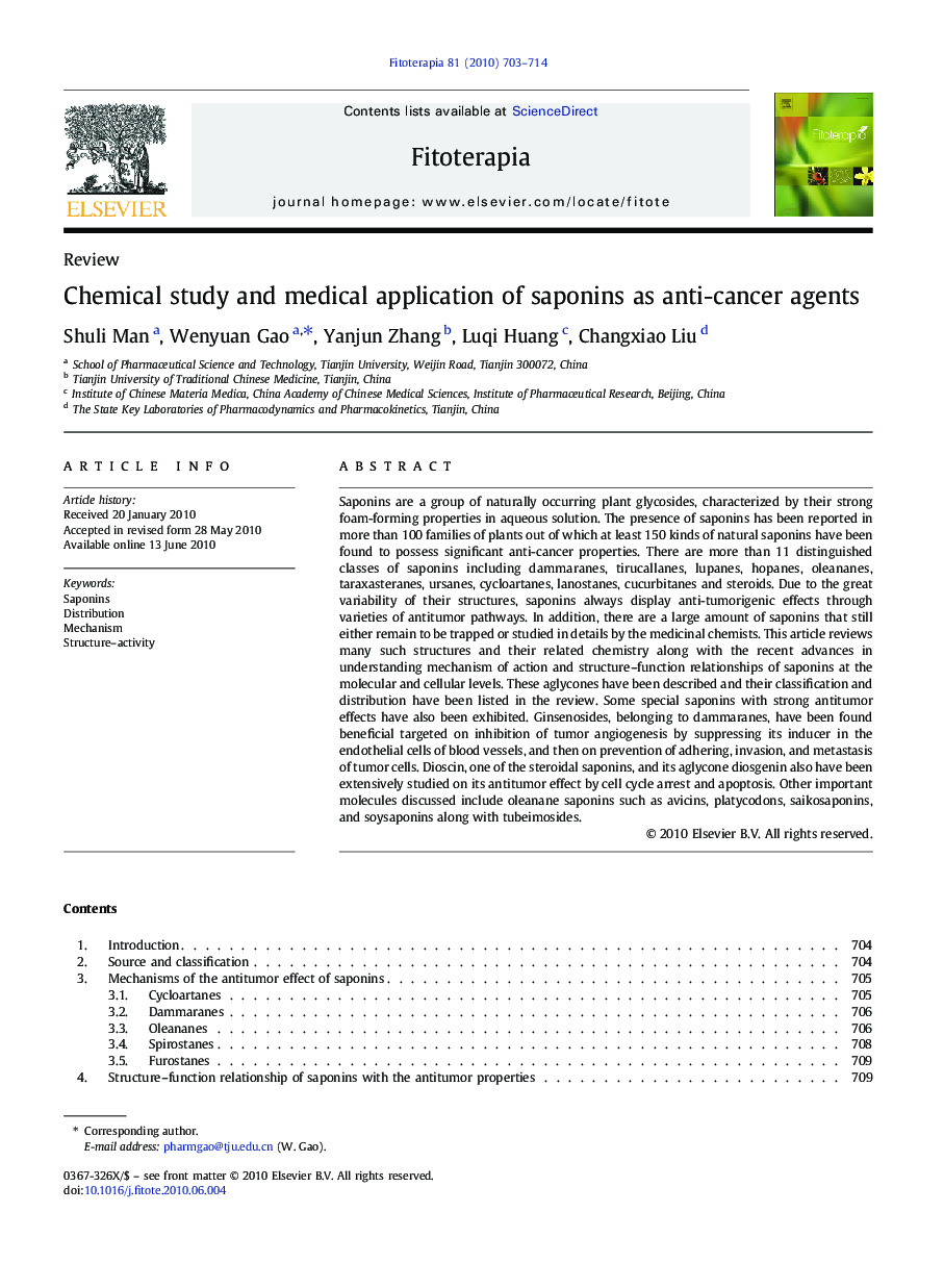 Chemical study and medical application of saponins as anti-cancer agents