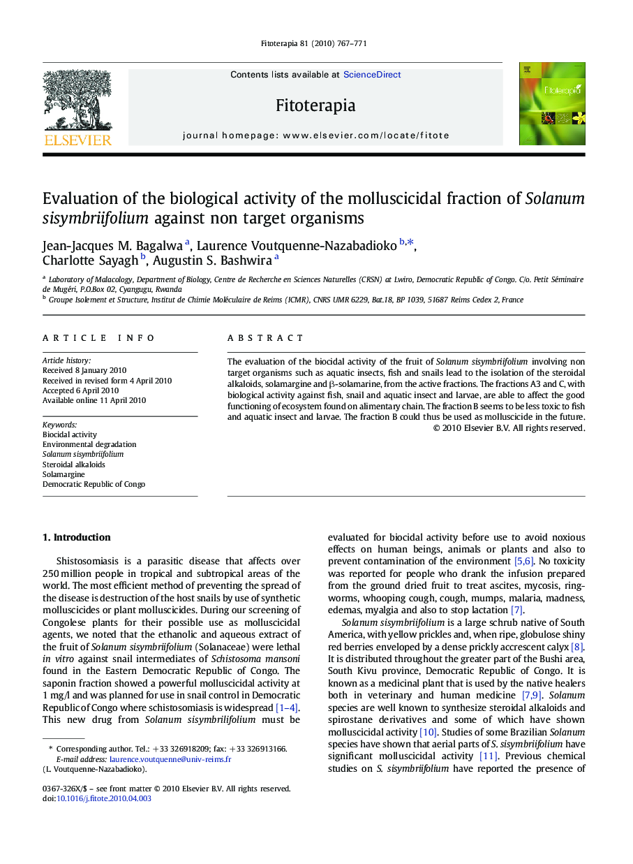 Evaluation of the biological activity of the molluscicidal fraction of Solanum sisymbriifolium against non target organisms