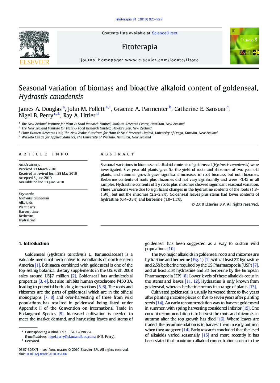 Seasonal variation of biomass and bioactive alkaloid content of goldenseal, Hydrastis canadensis