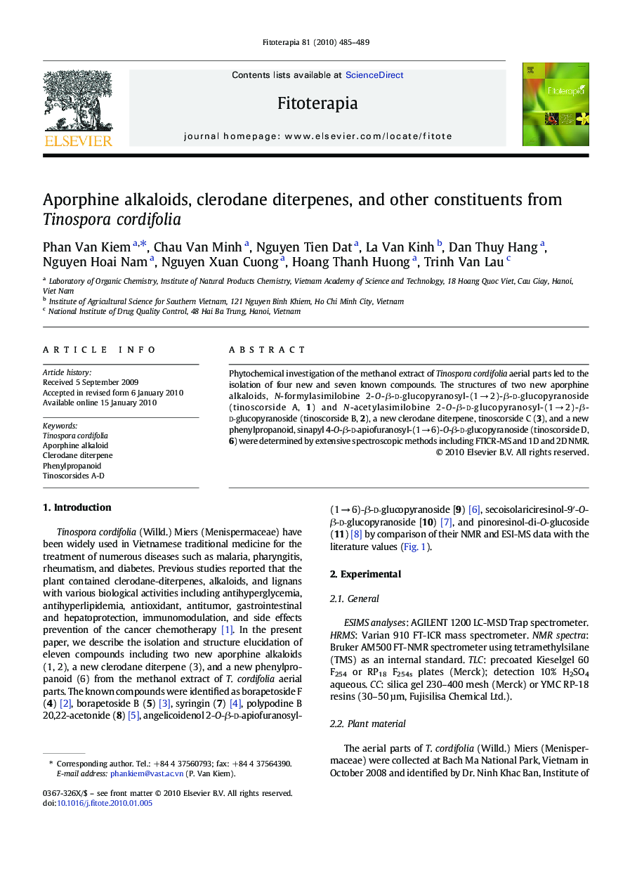 Aporphine alkaloids, clerodane diterpenes, and other constituents from Tinospora cordifolia