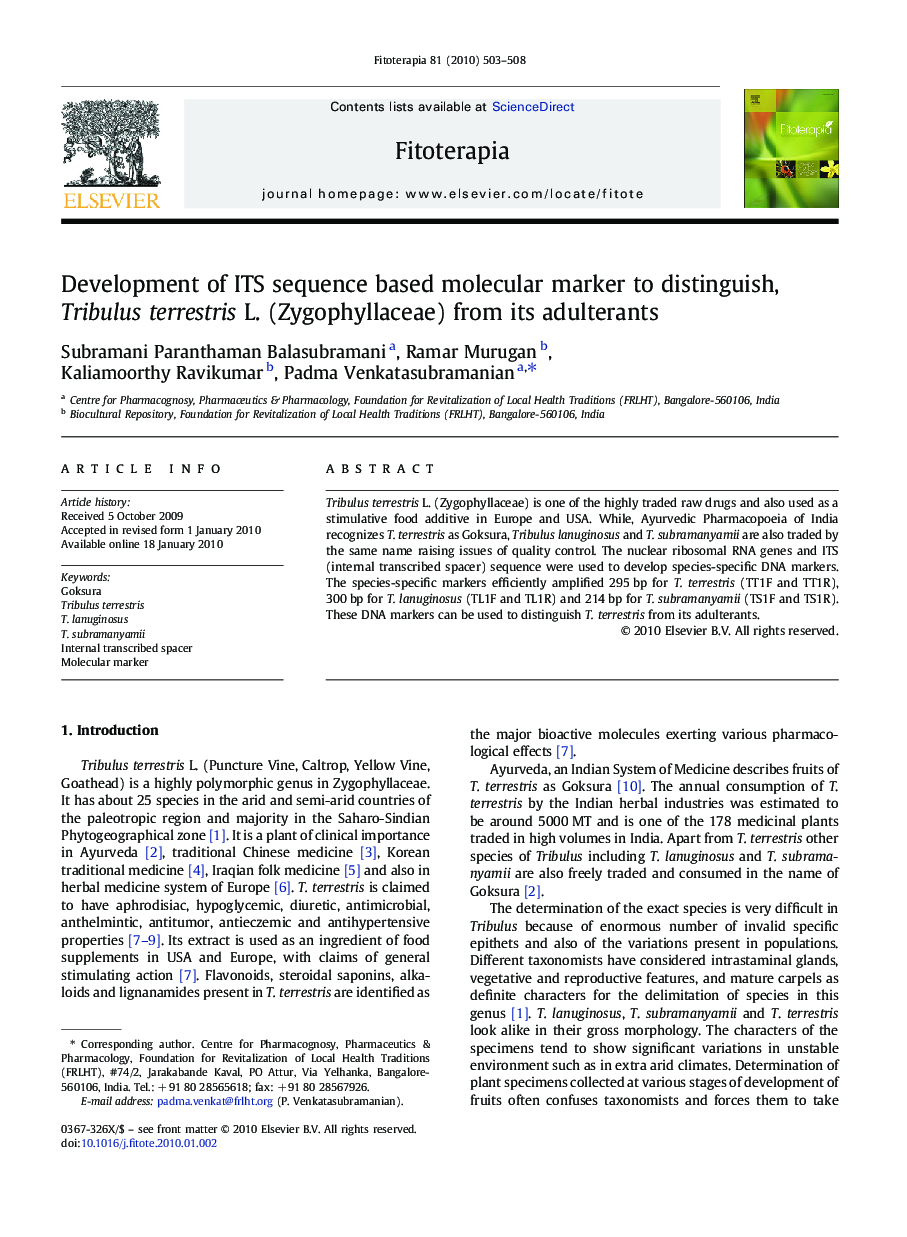 Development of ITS sequence based molecular marker to distinguish, Tribulus terrestris L. (Zygophyllaceae) from its adulterants