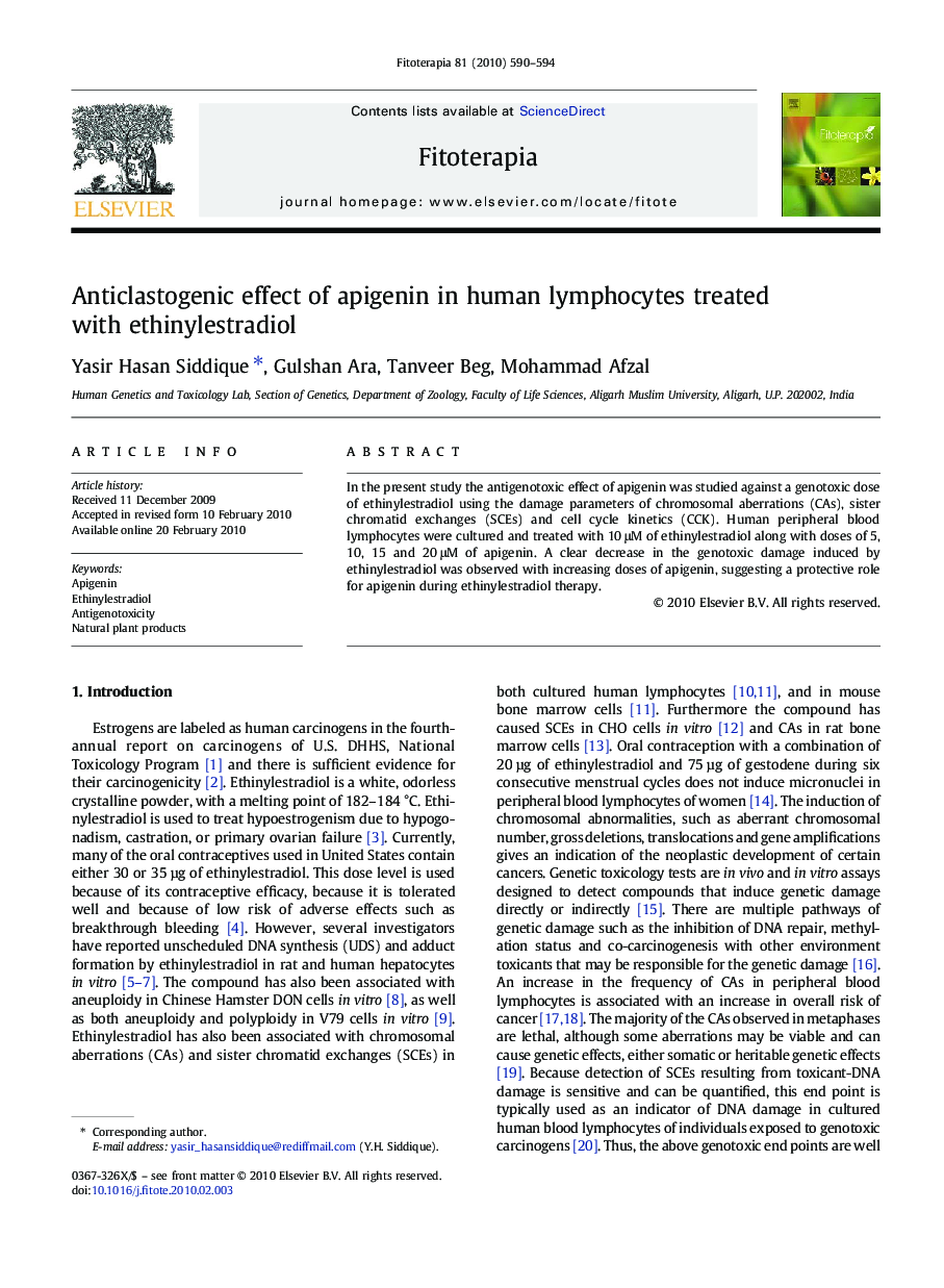 Anticlastogenic effect of apigenin in human lymphocytes treated with ethinylestradiol