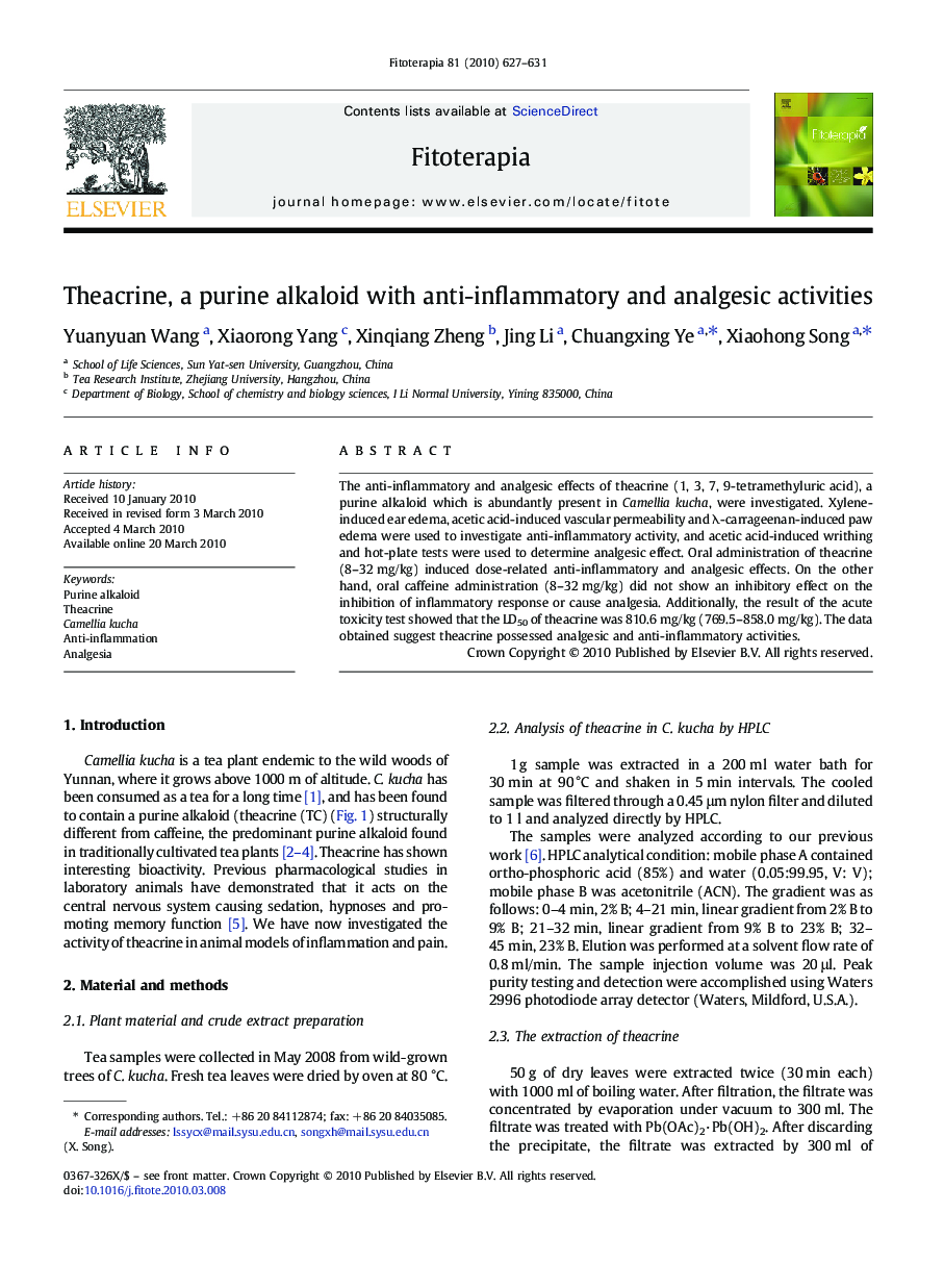 Theacrine, a purine alkaloid with anti-inflammatory and analgesic activities