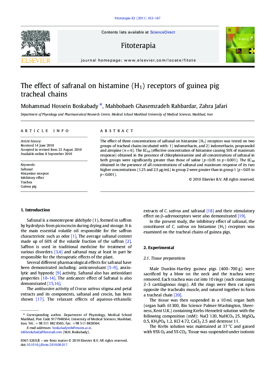 The effect of safranal on histamine (H1) receptors of guinea pig tracheal chains