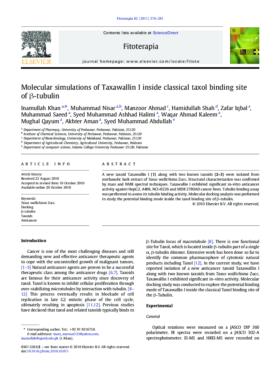 Molecular simulations of Taxawallin I inside classical taxol binding site of β-tubulin