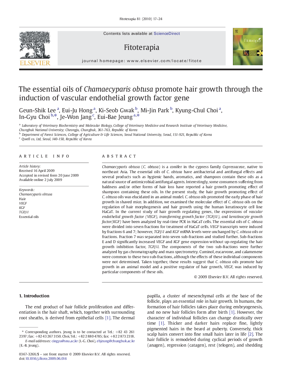 The essential oils of Chamaecyparis obtusa promote hair growth through the induction of vascular endothelial growth factor gene