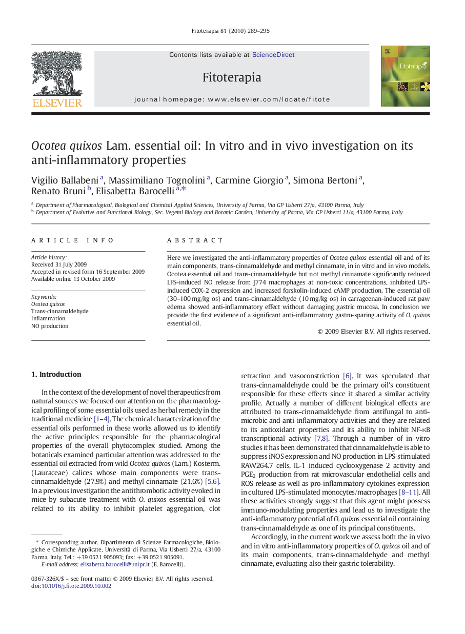 Ocotea quixos Lam. essential oil: In vitro and in vivo investigation on its anti-inflammatory properties