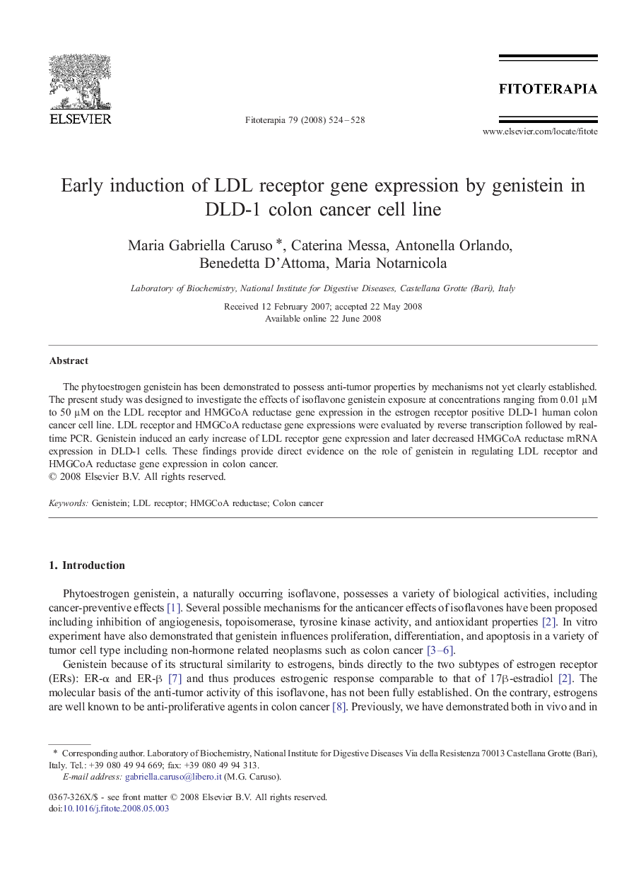 Early induction of LDL receptor gene expression by genistein in DLD-1 colon cancer cell line