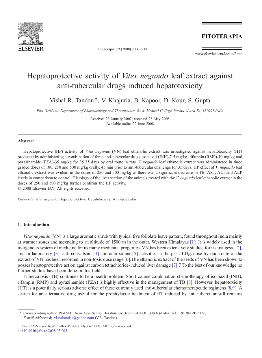 Hepatoprotective activity of Vitex negundo leaf extract against anti-tubercular drugs induced hepatotoxicity