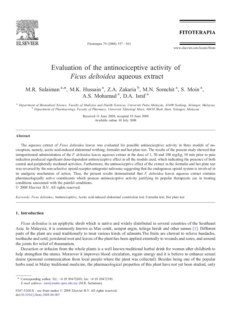 Evaluation of the antinociceptive activity of Ficus deltoidea aqueous extract