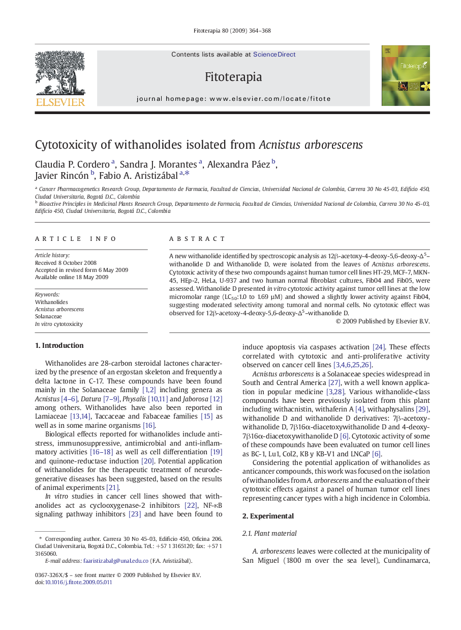 Cytotoxicity of withanolides isolated from Acnistus arborescens