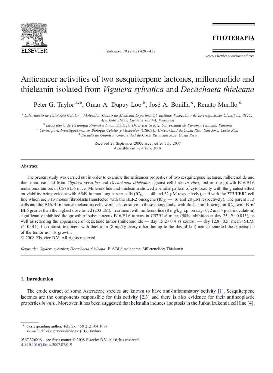 Anticancer activities of two sesquiterpene lactones, millerenolide and thieleanin isolated from Viguiera sylvatica and Decachaeta thieleana