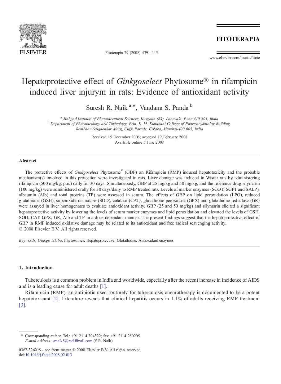 Hepatoprotective effect of Ginkgoselect Phytosome® in rifampicin induced liver injurym in rats: Evidence of antioxidant activity