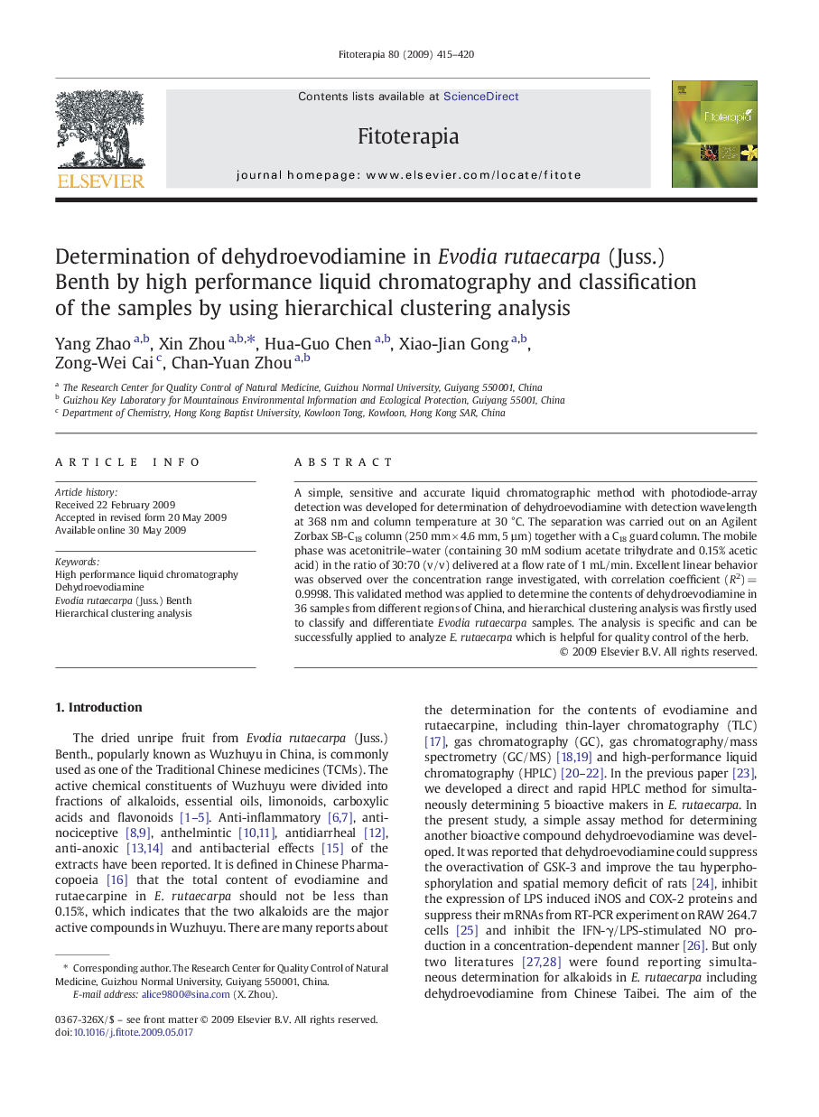 Determination of dehydroevodiamine in Evodia rutaecarpa (Juss.) Benth by high performance liquid chromatography and classification of the samples by using hierarchical clustering analysis