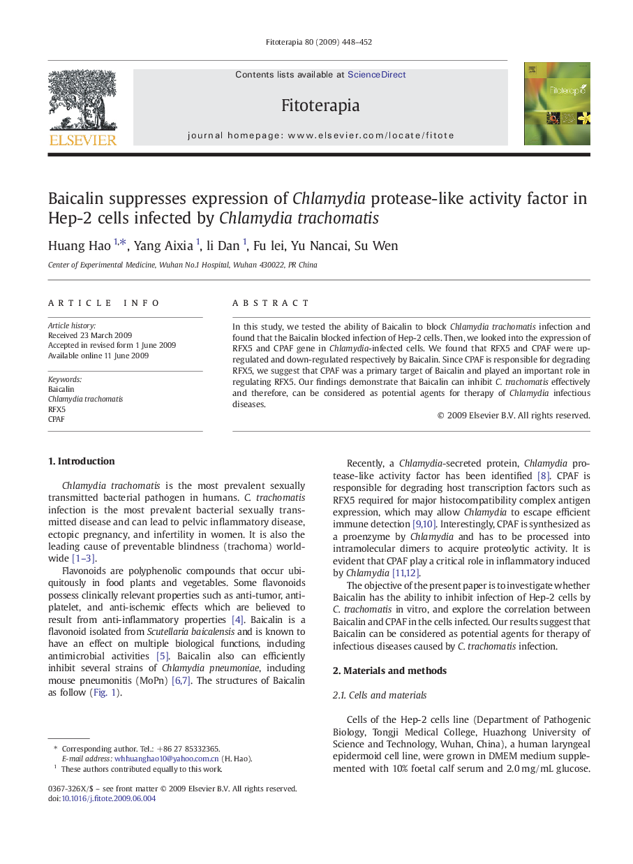 Baicalin suppresses expression of Chlamydia protease-like activity factor in Hep-2 cells infected by Chlamydia trachomatis