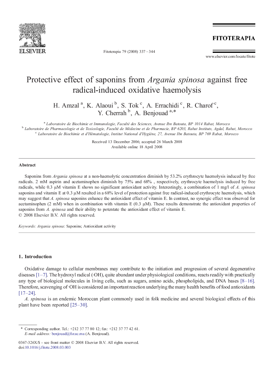 Protective effect of saponins from Argania spinosa against free radical-induced oxidative haemolysis