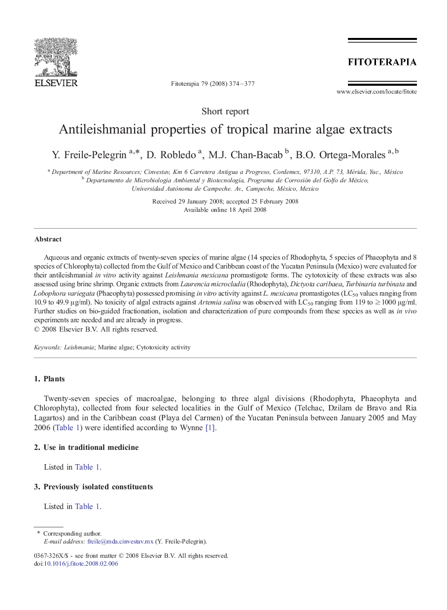 Antileishmanial properties of tropical marine algae extracts