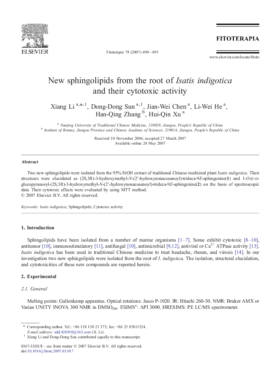 New sphingolipids from the root of Isatis indigotica and their cytotoxic activity