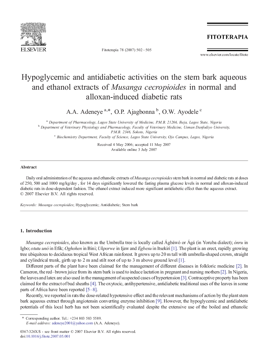 Hypoglycemic and antidiabetic activities on the stem bark aqueous and ethanol extracts of Musanga cecropioides in normal and alloxan-induced diabetic rats