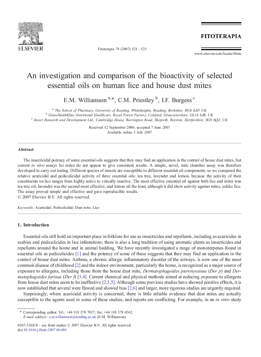 An investigation and comparison of the bioactivity of selected essential oils on human lice and house dust mites