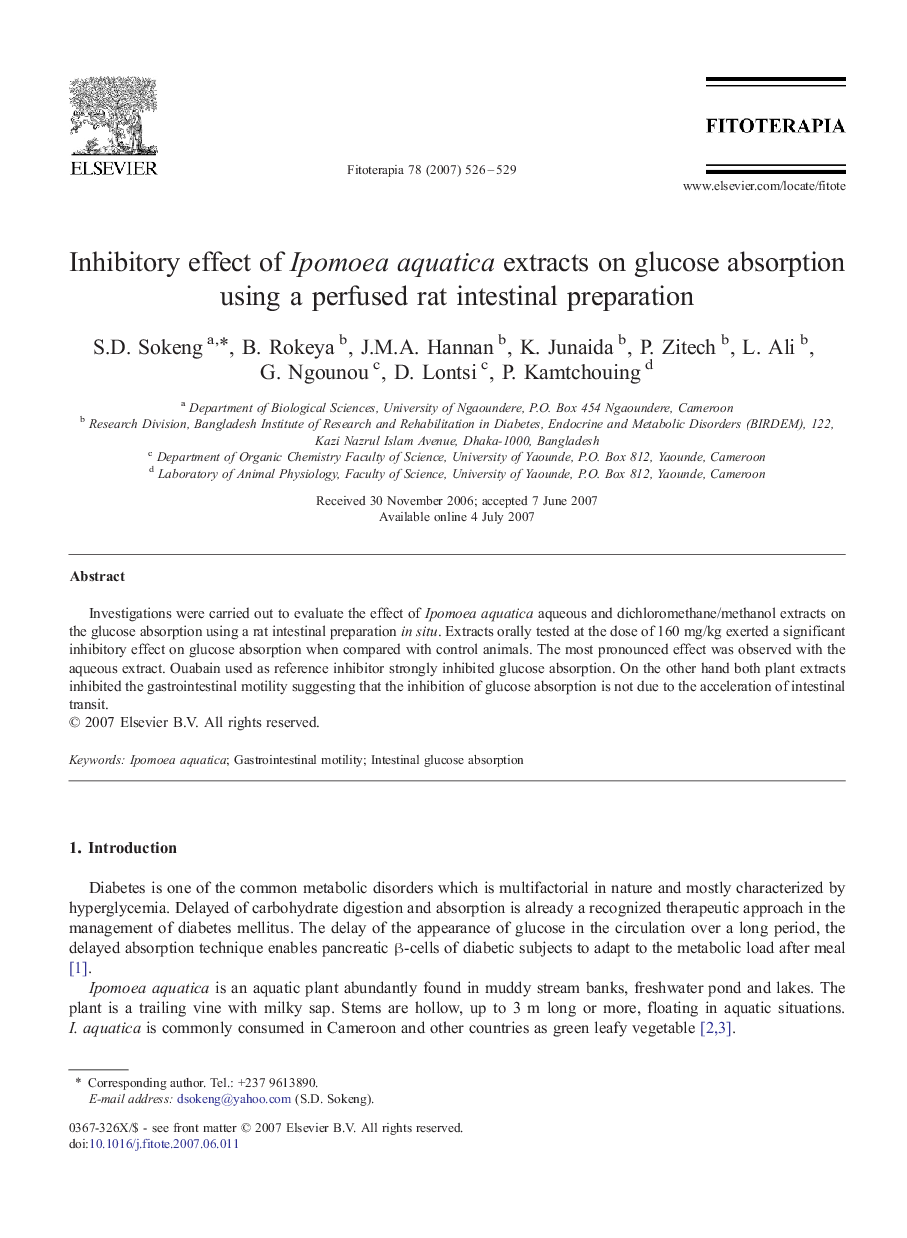 Inhibitory effect of Ipomoea aquatica extracts on glucose absorption using a perfused rat intestinal preparation