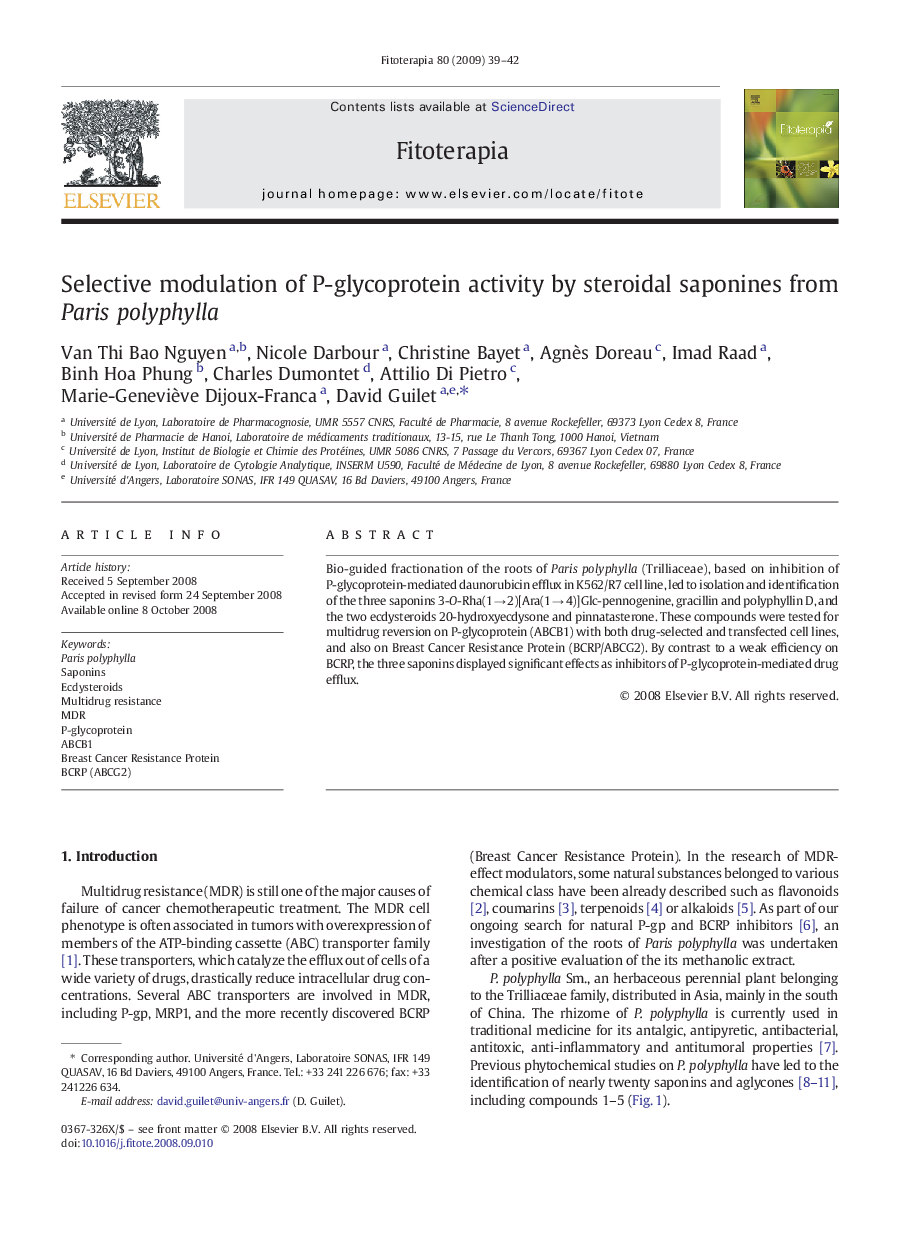 Selective modulation of P-glycoprotein activity by steroidal saponines from Paris polyphylla