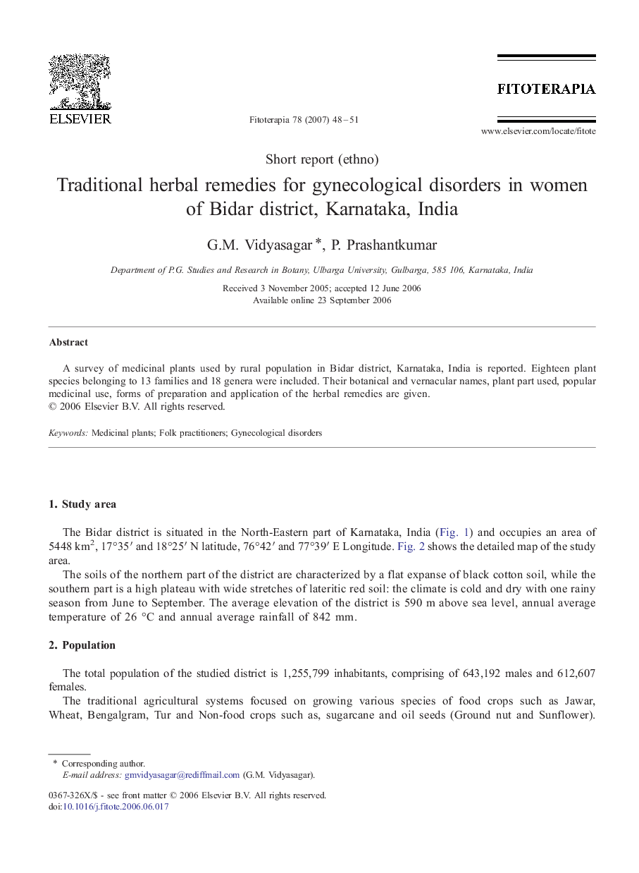 Traditional herbal remedies for gynecological disorders in women of Bidar district, Karnataka, India