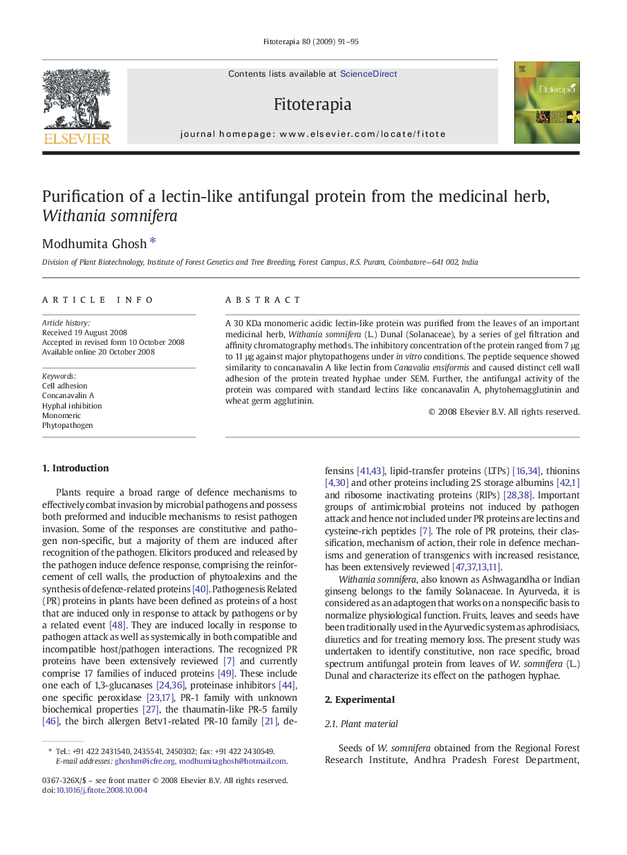 Purification of a lectin-like antifungal protein from the medicinal herb, Withania somnifera