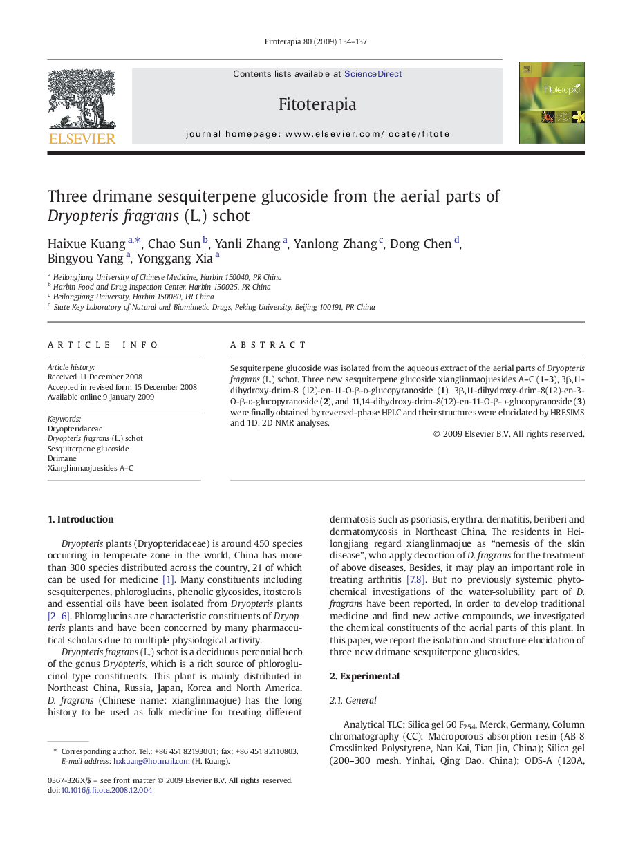 Three drimane sesquiterpene glucoside from the aerial parts of Dryopteris fragrans (L.) schot