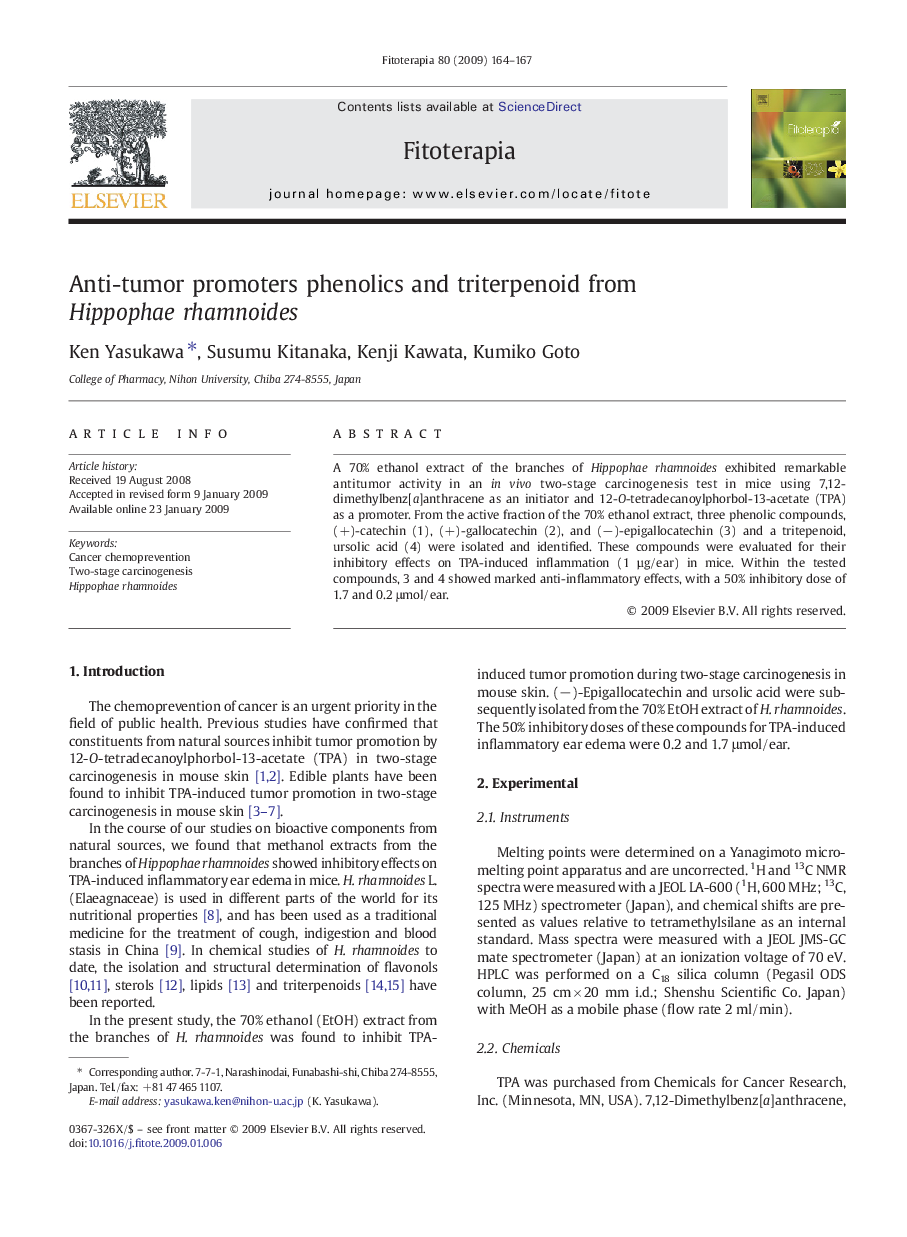 Anti-tumor promoters phenolics and triterpenoid from Hippophae rhamnoides