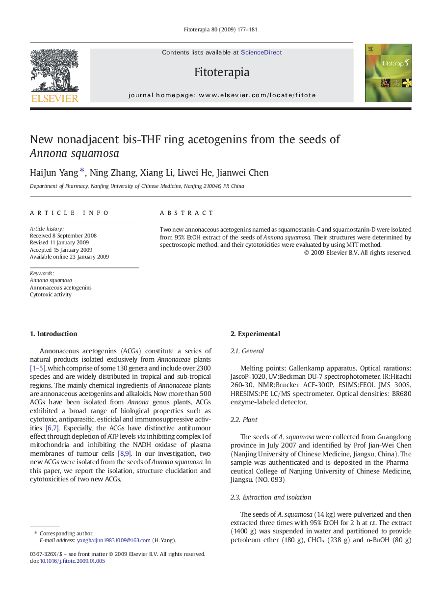 New nonadjacent bis-THF ring acetogenins from the seeds of Annona squamosa