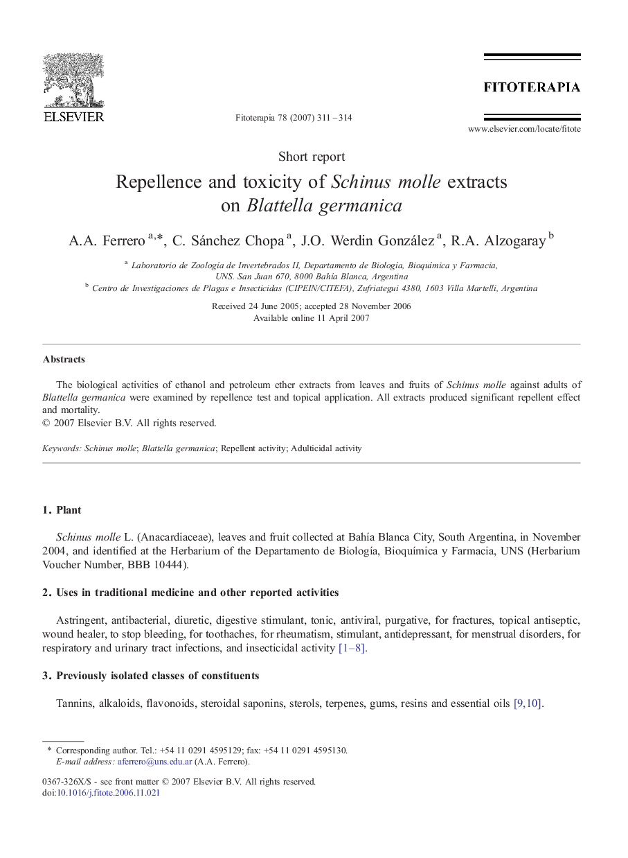 Repellence and toxicity of Schinus molle extracts on Blattella germanica