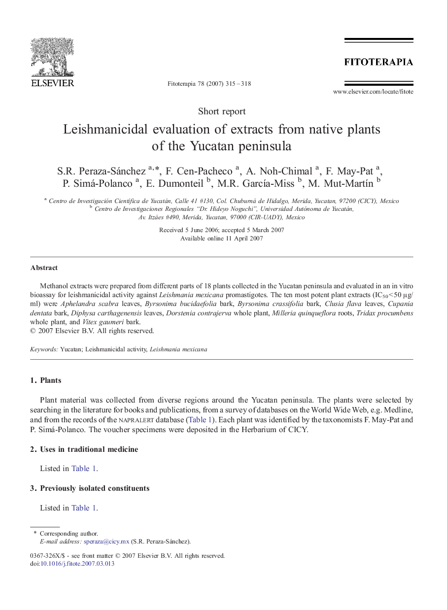 Leishmanicidal evaluation of extracts from native plants of the Yucatan peninsula