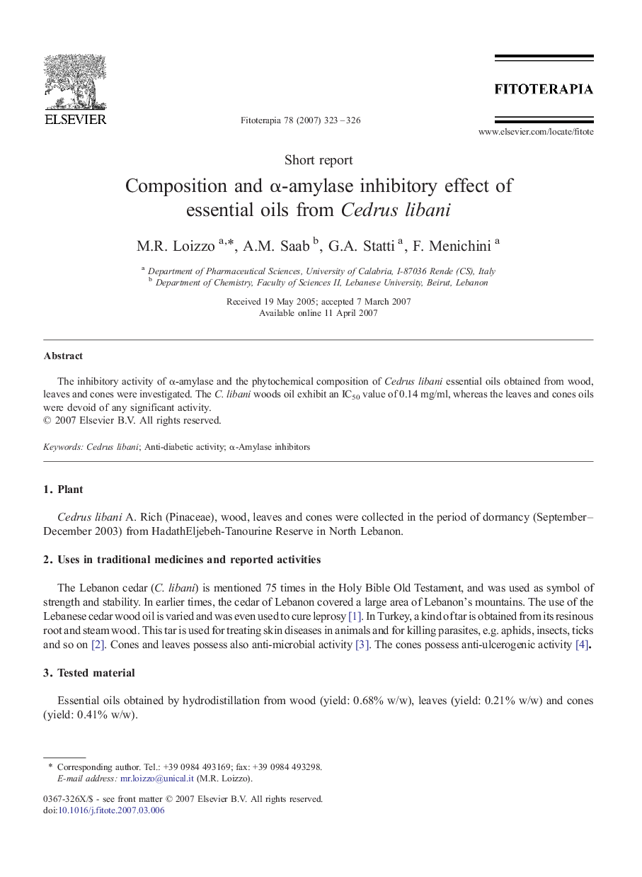 Composition and α-amylase inhibitory effect of essential oils from Cedrus libani